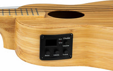 Load image into Gallery viewer, Close-up of a bamboo ukulele with electronic control panel on a white background