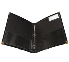 Load image into Gallery viewer, Opened black binder with 3 Ringbinder rings inside, a clear pocket on the left and a curved pocket on the right