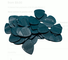 Load image into Gallery viewer, Stack of blue guitar picks on a white background with text overlay.