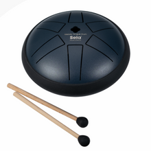Load image into Gallery viewer, Black handpan drum with mallets on a white background