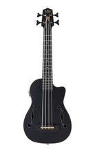 Load image into Gallery viewer, Kala U Bass guitar with a black body and fingerboard, cream binding and black tuning pegs.