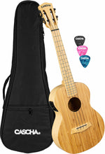 Load image into Gallery viewer, Cascha bamboo ukulele with black carrying case and coloured picks on a white background
