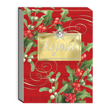 Load image into Gallery viewer, Decorative box with holly design and 'Rejoice' text on a red background
