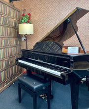 Load image into Gallery viewer, Grand piano in a room with patterned wallpaper and bookshelves.

