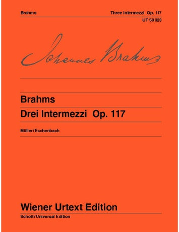 Sheet music cover for Brahms' 'Drei Intermezzi Op. 117' with an orange background and Brahms' signature.