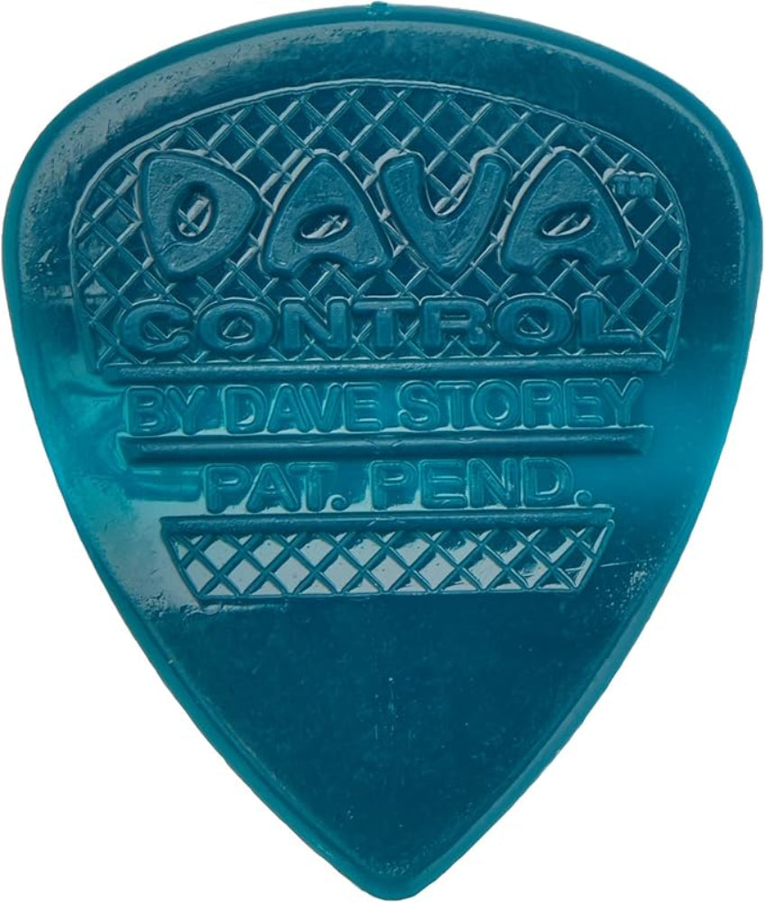 Blue guitar pick with 'Dava Control by Dave Stoney' branding on a white background