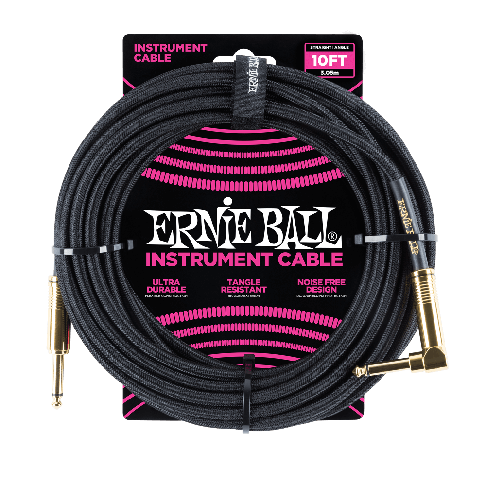 Ernie Ball Braided Instrument Cable Straight/Angle 10ft - Black w/Gold Connectors