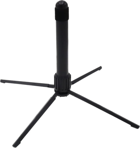 Black adjustable 4 leg stand for a flute on a white background