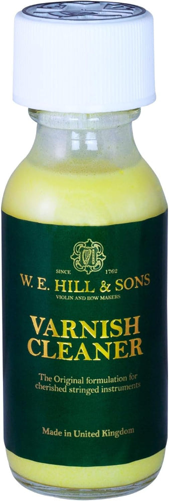Bottle of W.E. Hill & Sons Varnish Cleaner with green label and white cap.