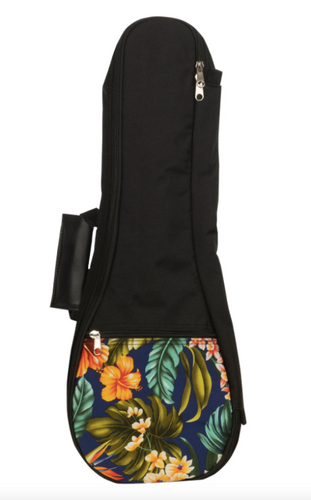 Black ukulele bag with tropical floral design on the lower half, on a white background