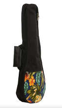 Load image into Gallery viewer, Black ukulele bag with tropical floral design on the lower half, on a white background
