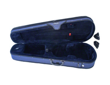 Load image into Gallery viewer, A full-size Stentor violin case in blue, featuring reflective safety strips, a large zip pocket, a smaller pocket for shoulder rests, two bow retainers, and a compartment for rosin.
