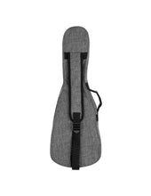 Load image into Gallery viewer, Back of Gray ukulele case with black straps on a white background
