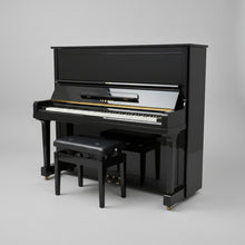 Load image into Gallery viewer, Black upright piano with a bench in a room with white walls.
