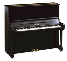 Load image into Gallery viewer, A black Yamaha U30BL piano with a matching adjustable stool.
