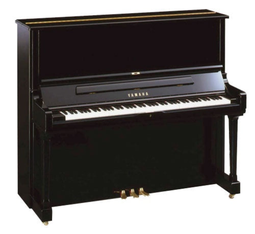 A black Yamaha U30BL piano with a matching adjustable stool.