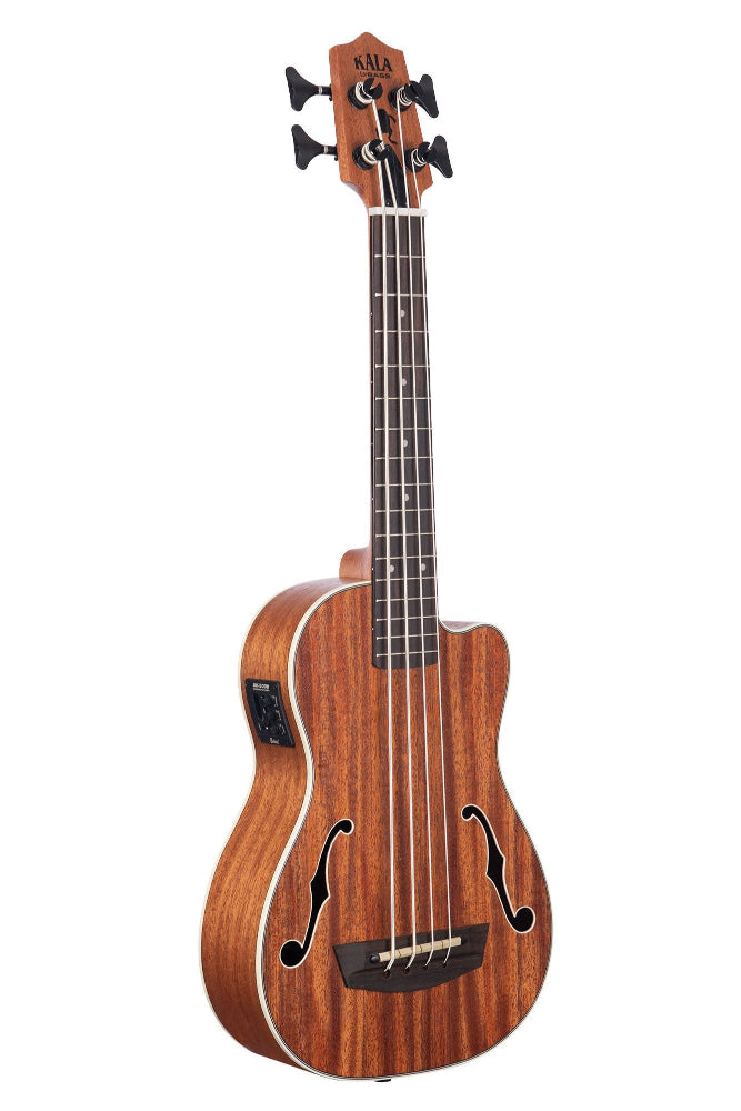 Wooden bass ukulele with a white background