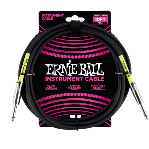 Ernie Ball 10ft instrument cable with straight connectors, packaged and displayed on a card with brand and product information.