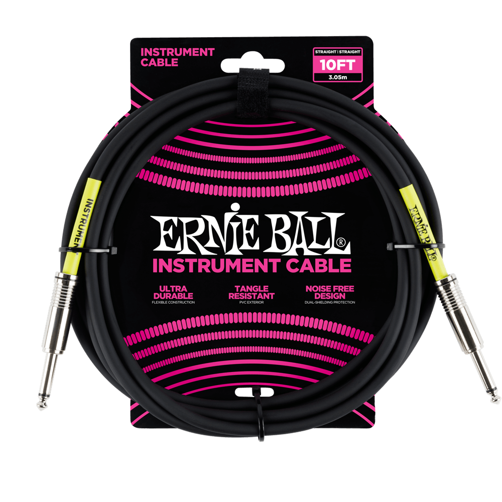Ernie Ball 10ft instrument cable with straight connectors, packaged and displayed on a card with brand and product information.