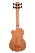 Load image into Gallery viewer, Back of a wooden ukulele with a brand logo UBASS on a white background
