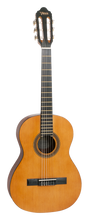 Load image into Gallery viewer, A full-size Valencia classical guitar with a hybrid neck design, featuring a natural wood finish, mahogany neck with ebony fingerboard, and black binding.
