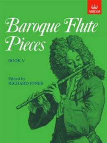 Cover of the sheet music book 'Baroque Flute Pieces, Book V' featuring an illustration of a person playing a flute.